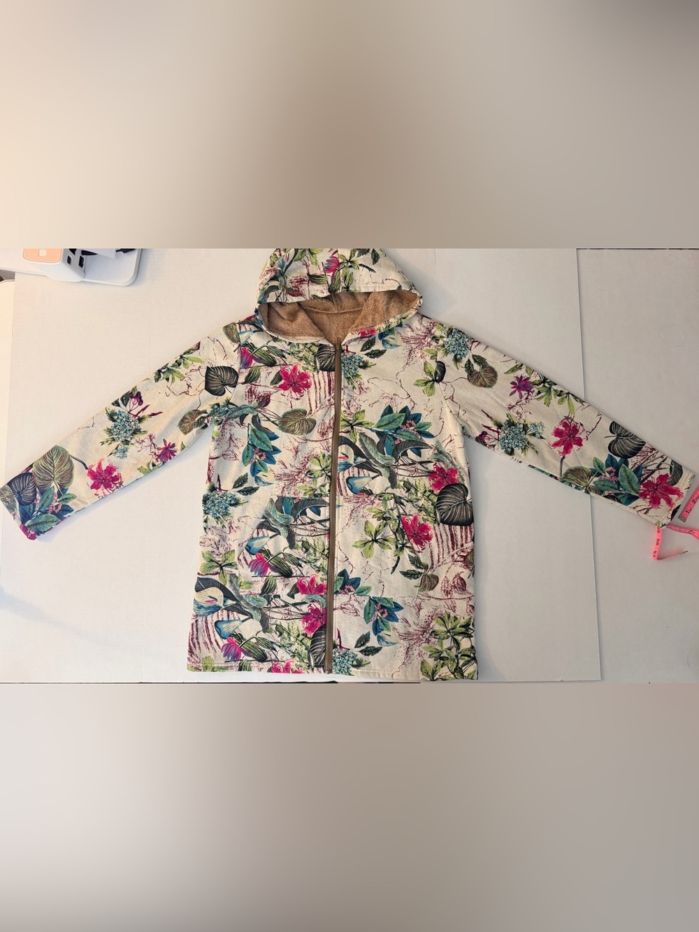 Cozy Soft Boho Light Plant Floral Hooded Zip-up Jacket Tan Fleece Lining Size L - Picture 8 of 13